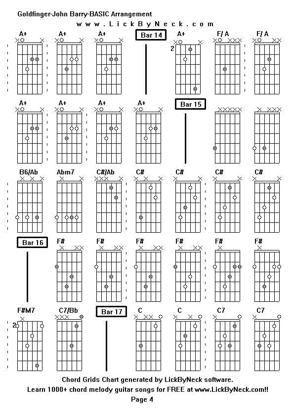 Chord Grids Chart of chord melody fingerstyle guitar song-Goldfinger-John Barry-BASIC Arrangement,generated by LickByNeck software.